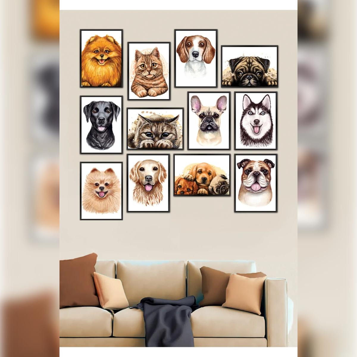 

Cat Wall Art Set – 12-Piece Framed Appearance MDF Cat Print Set