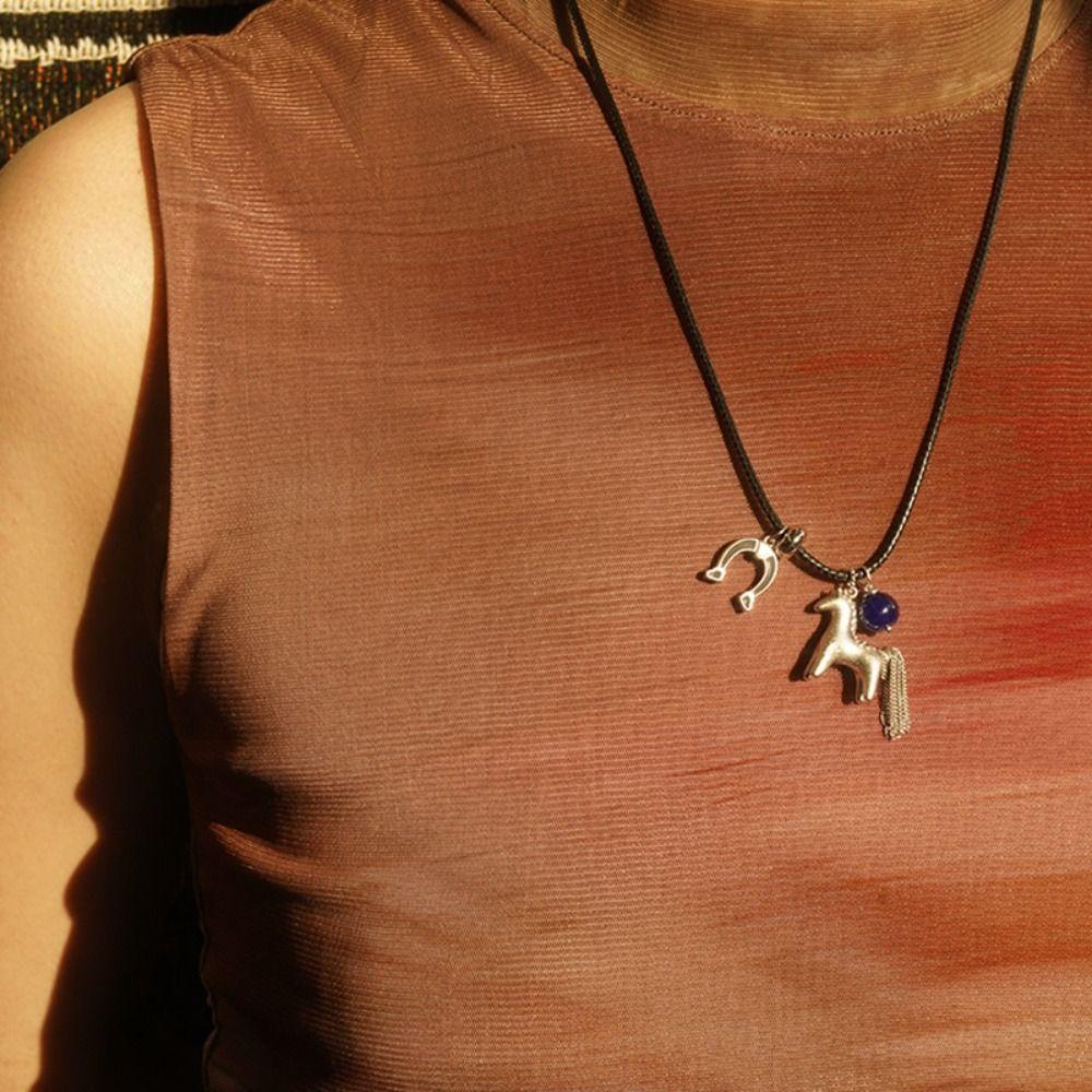 Women Fashion Long Rope Neckalce Cartoon Horse Pendent Necklaces Vintage Sweater Chain  Jewelry