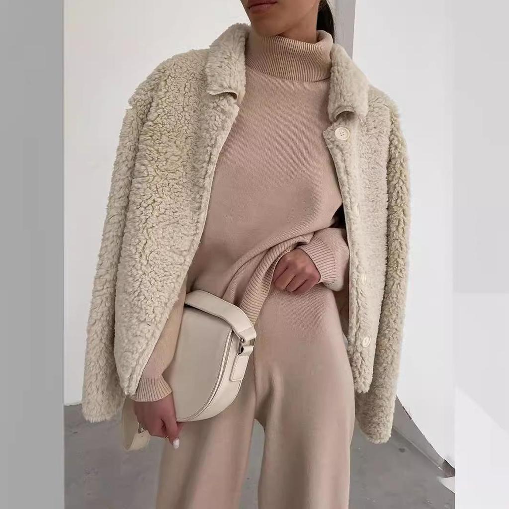 2025 European Style Brown Two-Piece: Long Sleeve High Neck Hoodie & Elegant Wide-Leg Pants