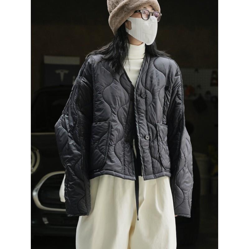 Womens Oversized Cotton Puffer Coat In Contrast Colors Lightweight Casual Winter Outerwear Round Neck Long Sleeve