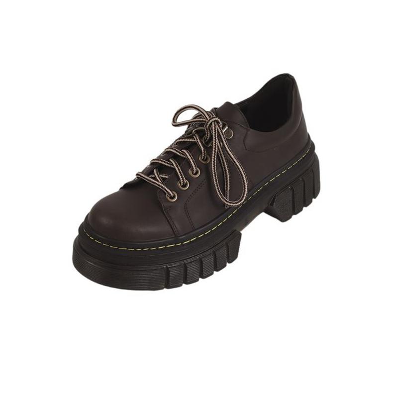 Fashion Women's new leather cowhide round toe high-heeled lace up college style single shoes, thick soled retro casual shoes