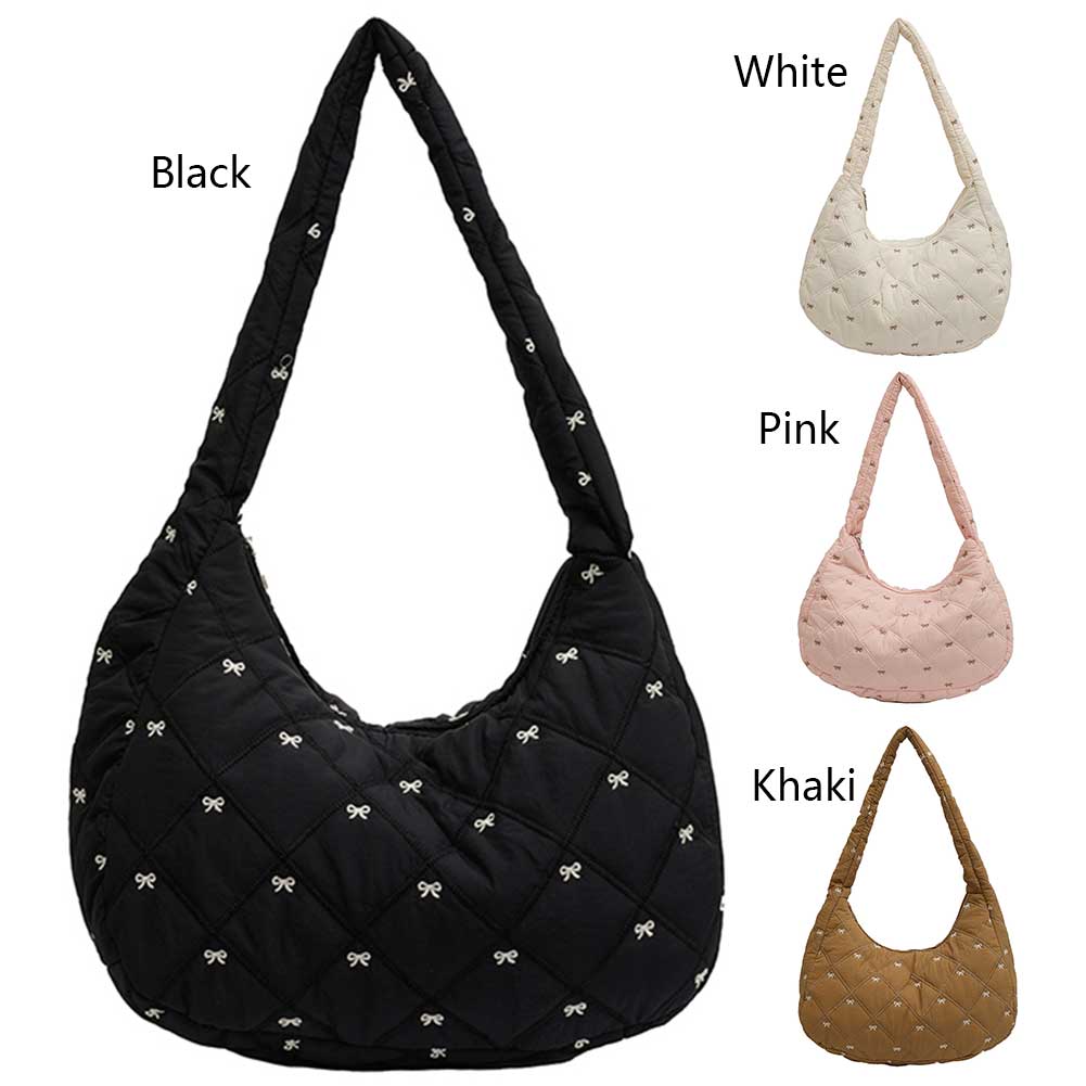 Women Puffer Tote Handbag Bow Pattern Padded Armpit Bag Puffy Top Handle Bag Quilted Padding Tote Bag Female Travel Bag
