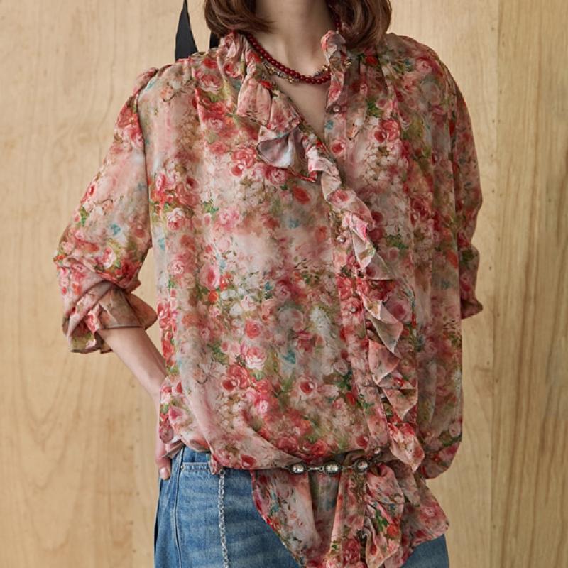 MAXZA Flower Pattern Ruffle Collar Chiffon Blouse Ze05qb005nh