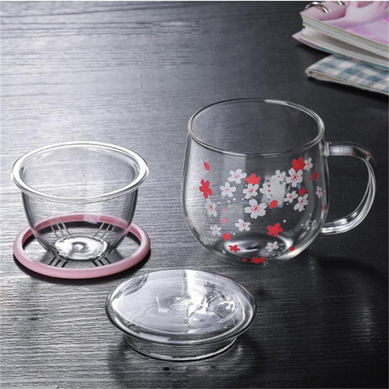 300ml Cute Heated Resistance Japanese Cherry Blossom Cup With Tea Infuser Filter&Lid Glass Flower Tea Cup Christmas Mug