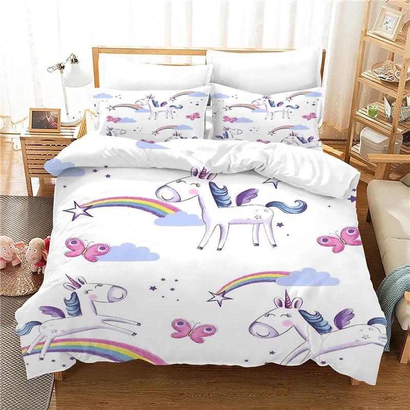 Lovely Unicorn Bedding Set For Kids Winter Duvet Cover Sets Blue Pink Cartoon Boy Girl Bed Linens 2/3 Pcs Ropa De Cama Cartoon