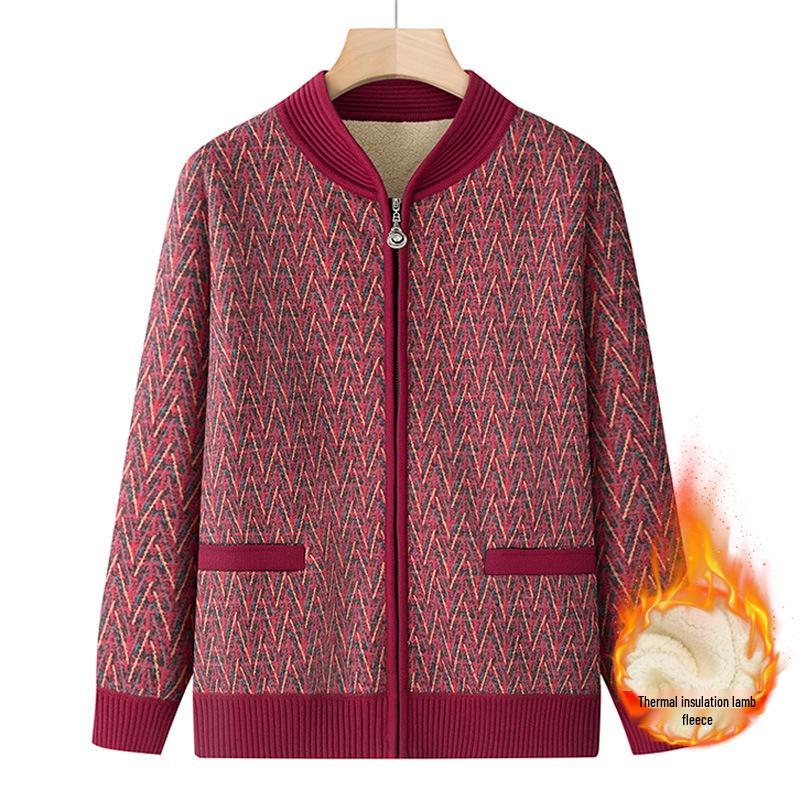 Fleece-lined Wool Cardigan for Women, Ideal for Middle-aged and Elderly Ladies, Thick Warm Sweater for Autumn/Winter, Perfect for Ages 60+.