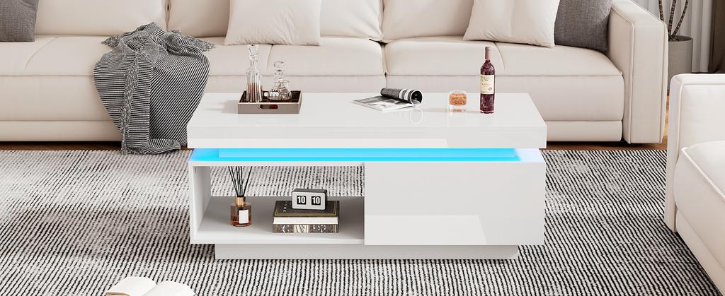 Moderner Hochglanz-Couchtisch mit LED-Beleuchtung, 100x50x40,3 cm – Eleganter Tisch mit Schublade und 50 kg Tragfähigkeit
