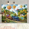 Kids Cartoon Steam Train Backdrop, Whimsical Hot Air Balloon Photography Background