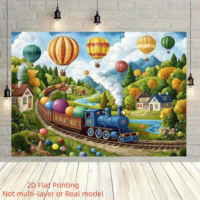 Kids Cartoon Steam Train Backdrop, Whimsical Hot Air Balloon Photography Background