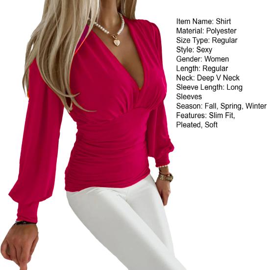 Camicia primaverile da donna scollo a V profondo pieghettato a righe in tinta unita manica lunga tinta unita manica lanterna vestibilità slim OL da pendolarismo
