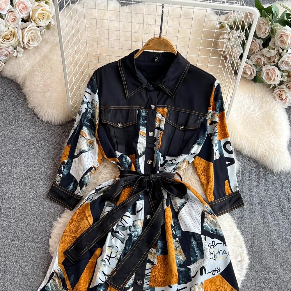 Sukienka koszulowa Vintage Autumn Lapel Collar Wysokiej jakości damska jednorzędowa czerwona kwiatowa z nadrukiem Patchwork sznurowany pasek luźne ubrania