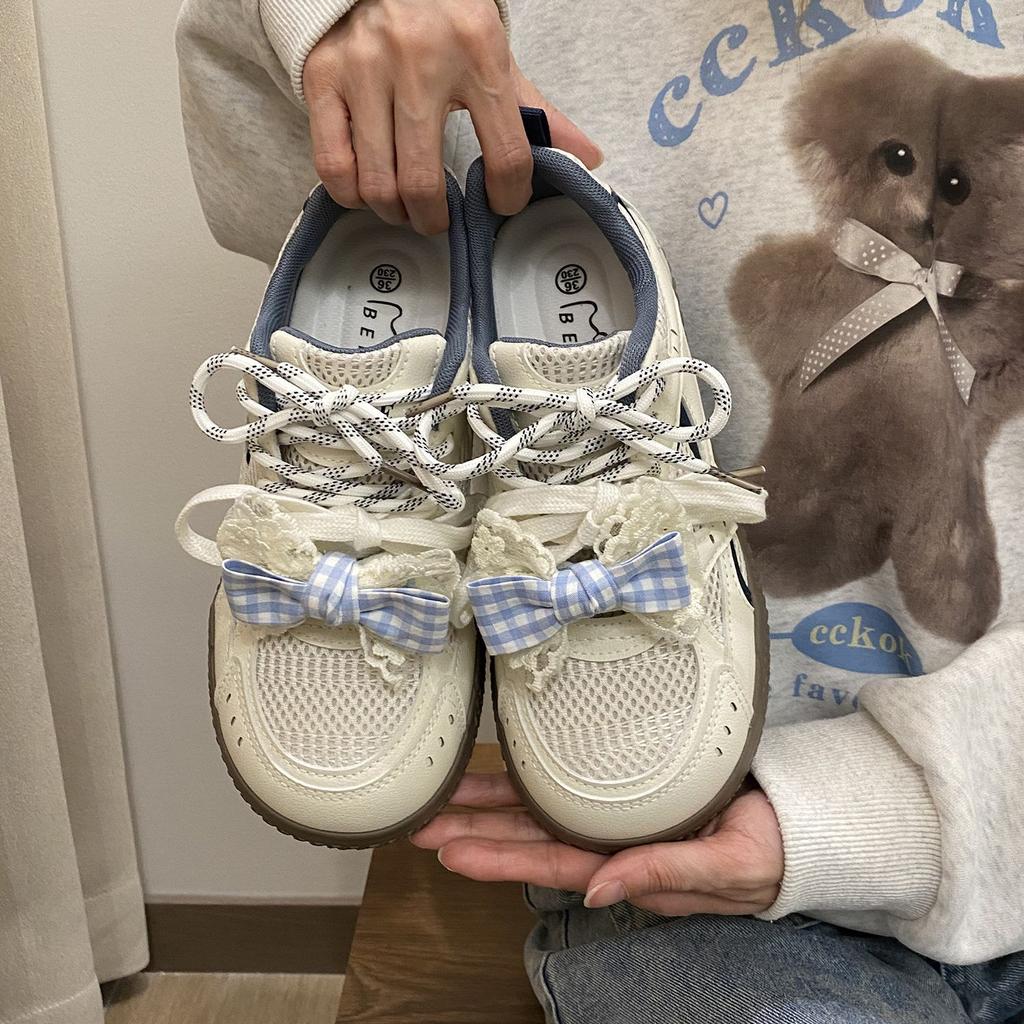 Wasteland Wind Burst Change Niche Original Bow Mesh Breathable Sports Shoes Women's New Summer Versatile Board Shoes