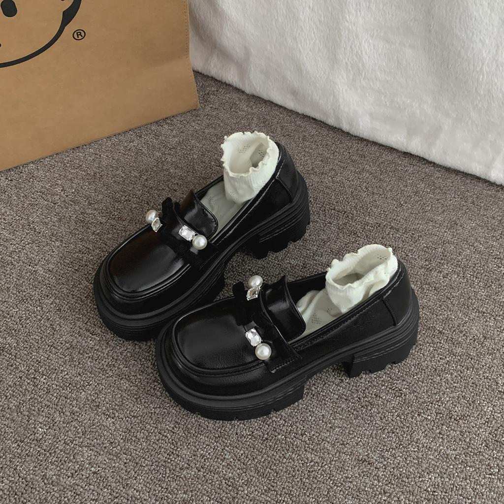 Black British style platform thick high-heeled small leather shoes women's 2025 new autumn retro versatile heightened loafers shoes