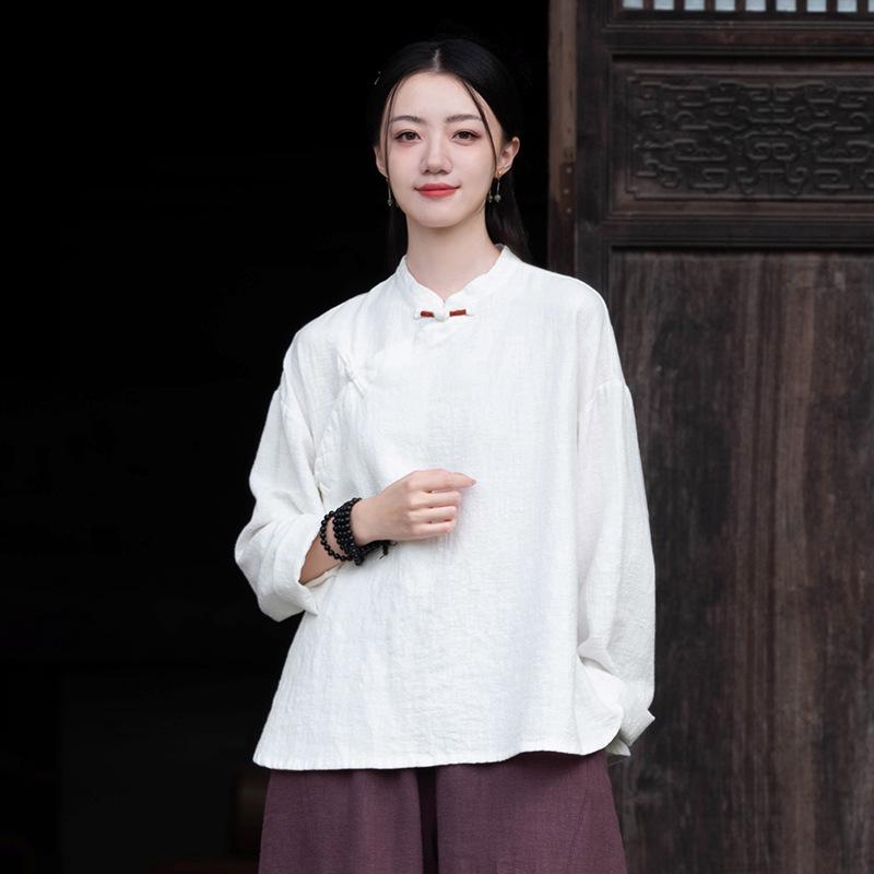 Spring Cotton Linen Women's Retro Handmade Wrapped Button Zen Tea Shirt