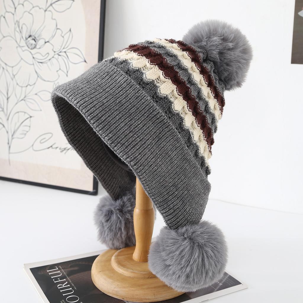 New Jacquard Wool Hat Women's Autumn and Winter Ear Protection Warm Cold Hat Cute Hairball Knitted Hat Big Head Circumference