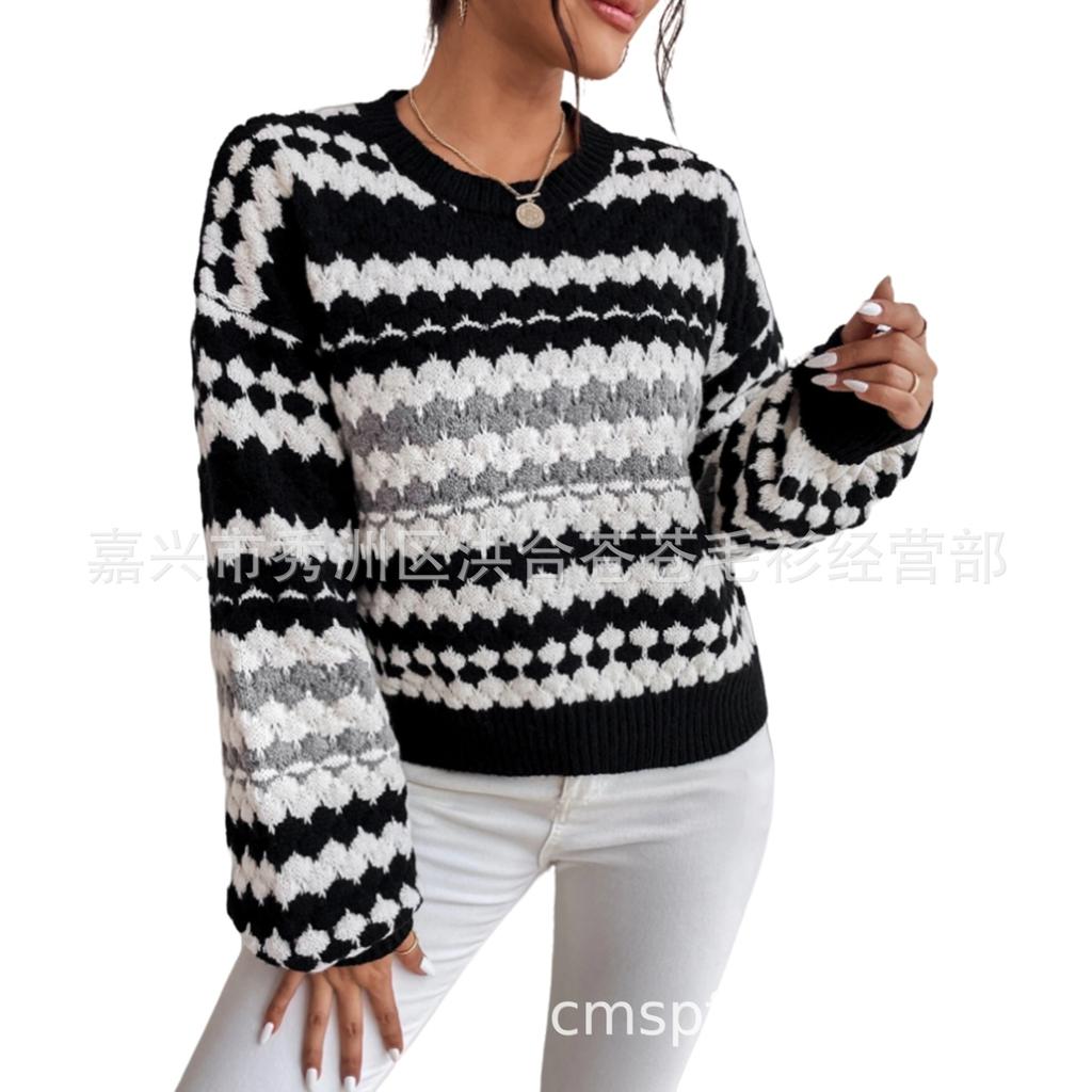 Autumn/winter new cross-border black-and-white striped color-block knit sweater, loose versatile pullover, mid-length lazy sweater for women