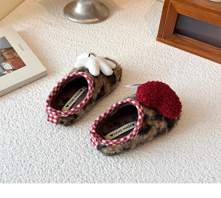 Children's Slip-on Winter Fleece Shoes, Style AB, Doll & Leopard Print, Non-slip Warm Half Slippers, Furry Cotton Design.
