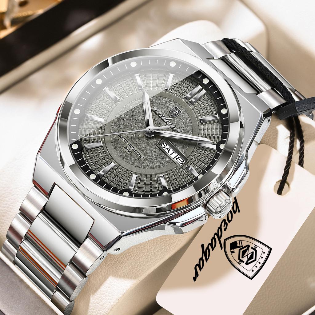POEDAGAR Fashion Brand Men Wristwatch Stainless Steel Waterproof Luminous Male Watch Date Week Men's Watches Quartz Reloj Hombre
