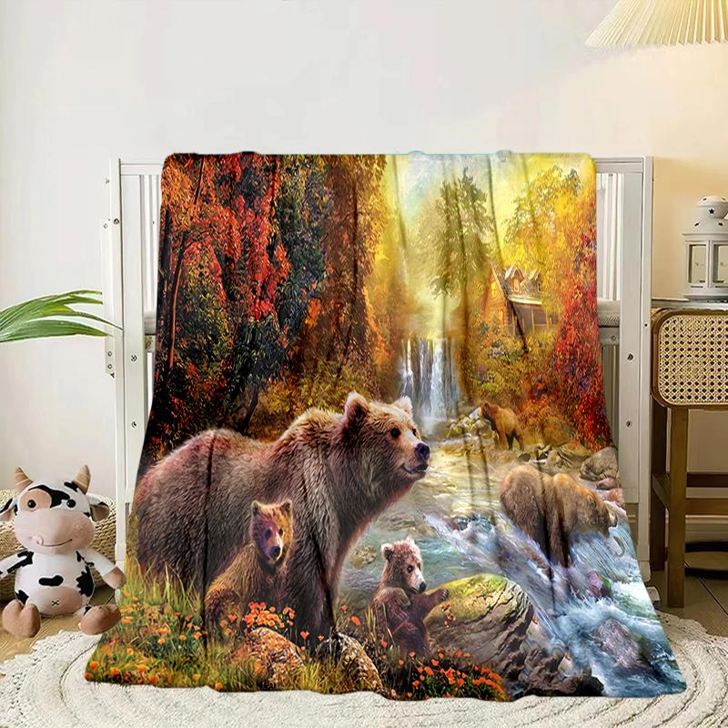 Autumnal Bear Family Scene Blanket Flannel Blanket Throw Blanket Sofa Cover Blanket Soft Premium Blanket Picnic Blanket Tv Blanket Gifts