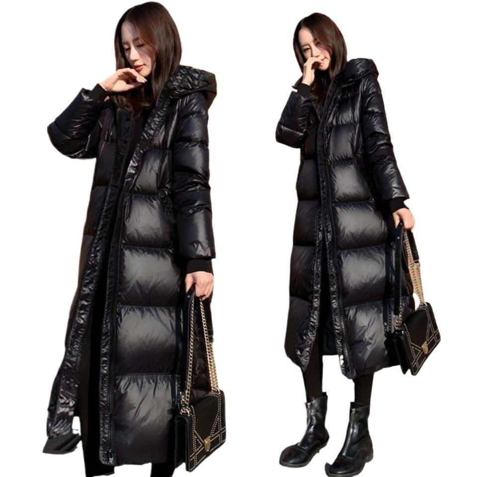 Korean Style Long Black Shiny Down Cotton Coat - Over-the-Knee, Slim Fit, Thickened for Winter