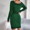 Autumn Winter Women's Square-neck Sweater Dress Mid-length Fitted Bodycon Dress Sexy Knitted Dress