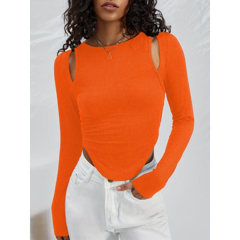 Spring and Autumn Women's Hollow Irregular Round Neck Knit Long Sleeve Sexy Fashion Top