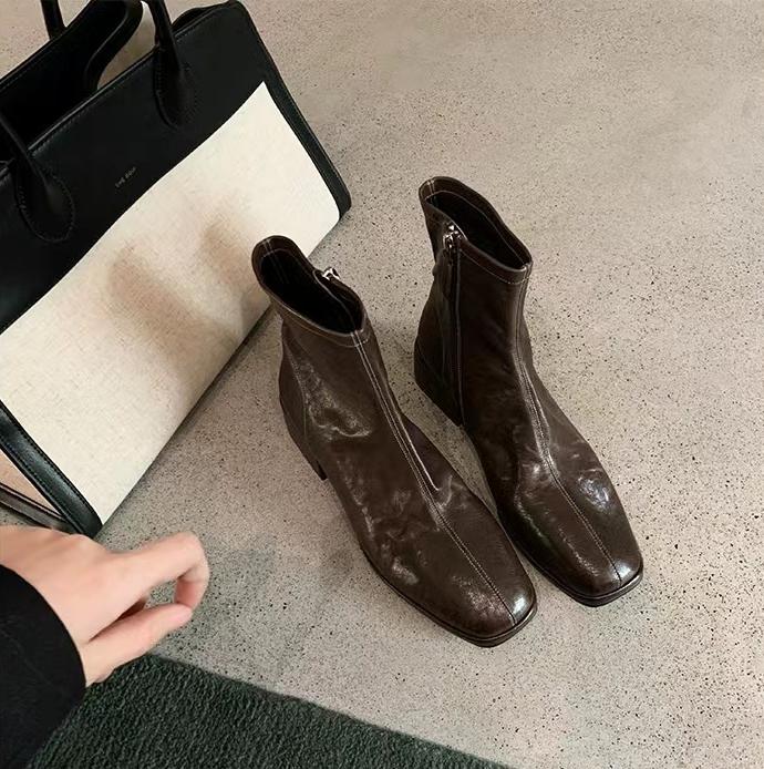 

2025 Осень Зима Дизайн Каблук Ботильоны Мода Квадратный Носок Молния Женские Повседневные Челси Ботинки Обувь Натуральная Кожа Короткие Ботинки 40