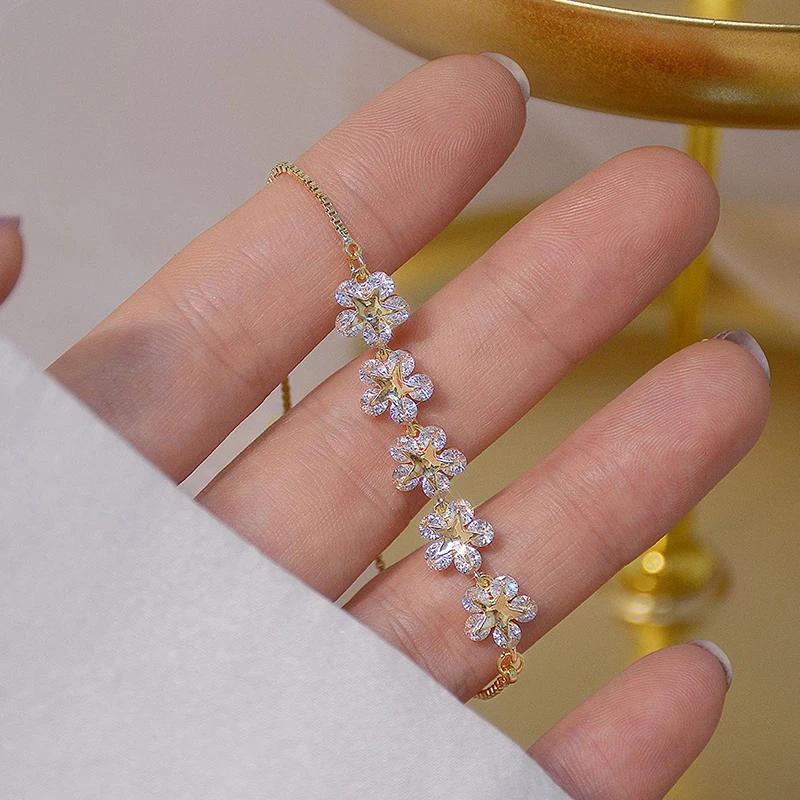 Korea Hot Fashion Zircon 14K Real Gold Plating Copper Inlaid AAA Zircon Bracelet Flower Stretch Adjustable Women Bracelet