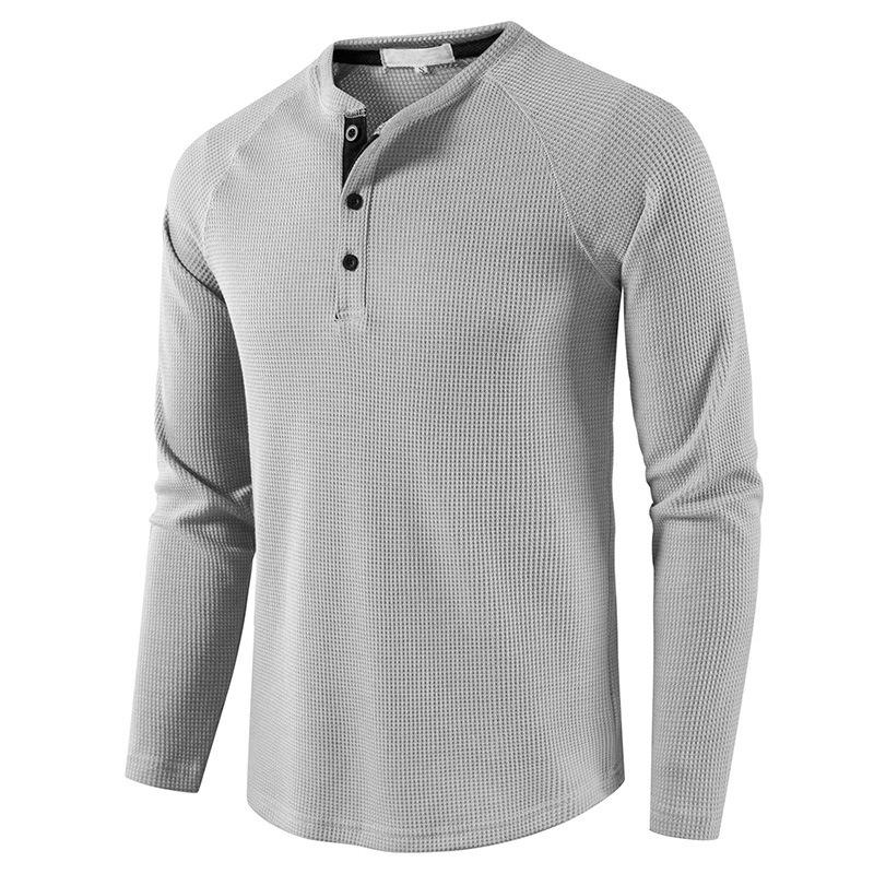 Men Casual Waffle Knit Henley Long Sleeve T Shirt