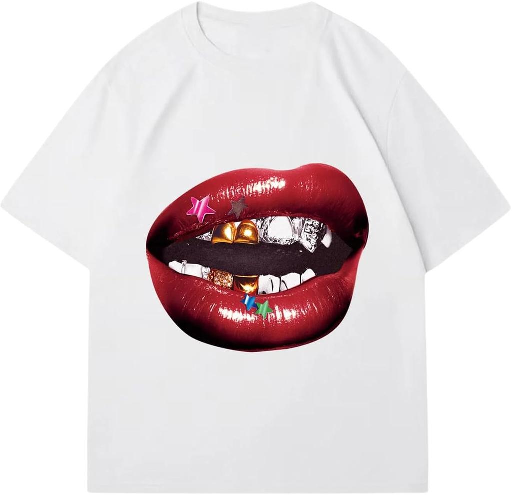 Women's Lip Print Pattern T-shirt Y2k Summer Round Neck Retro Streetwear Fashion Kawaii Minimalist Top