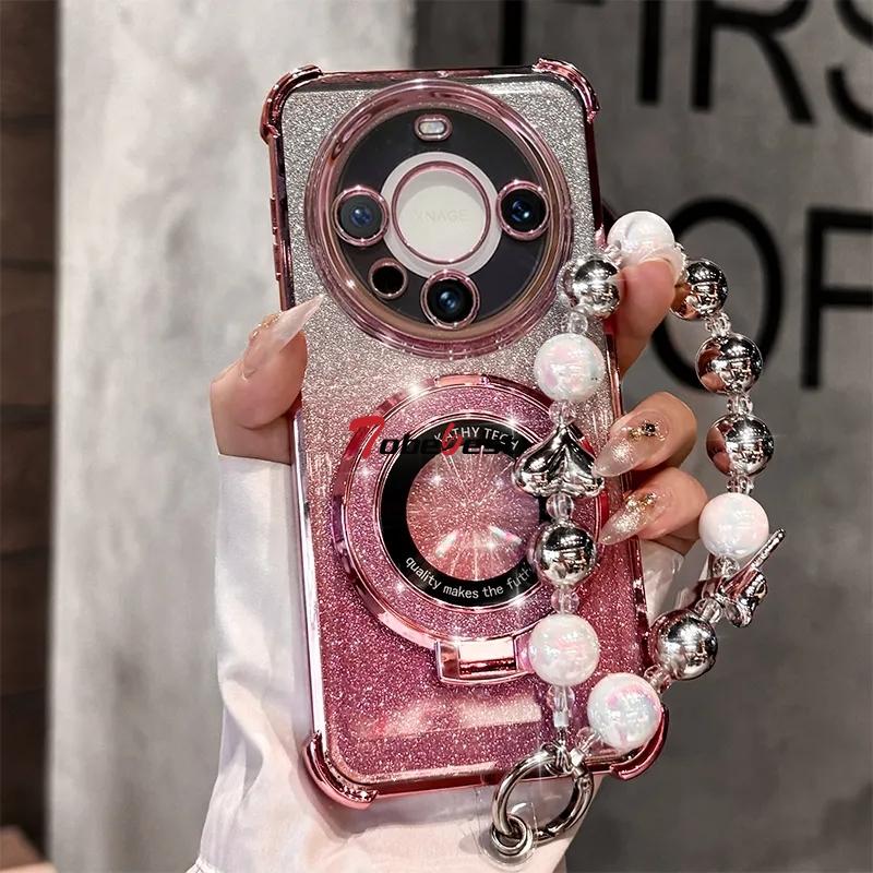 

Противоударный чехол с блестящим покрытием, кронштейном Magsafe и браслетом из бусин для Honor Magic 6 5 4 X9B X60i X60 X50i X40i X50 X40 X30 Pro Honor Magic 6 pro розовый