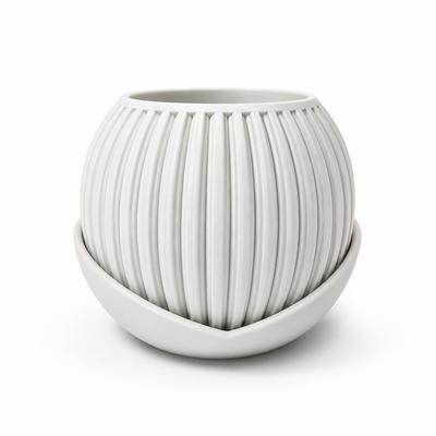 White Striped Flowerpot with a Modern Decorative Saucer