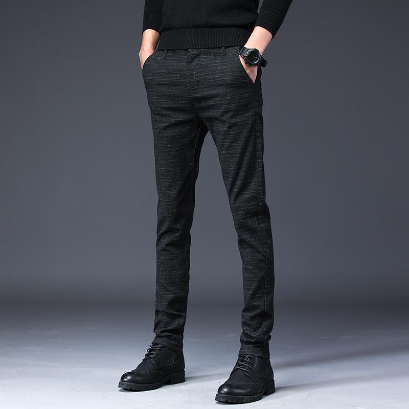 Men's Slim-Fit Black Plaid Cotton-Linen Autumn Casual Waffle Trousers