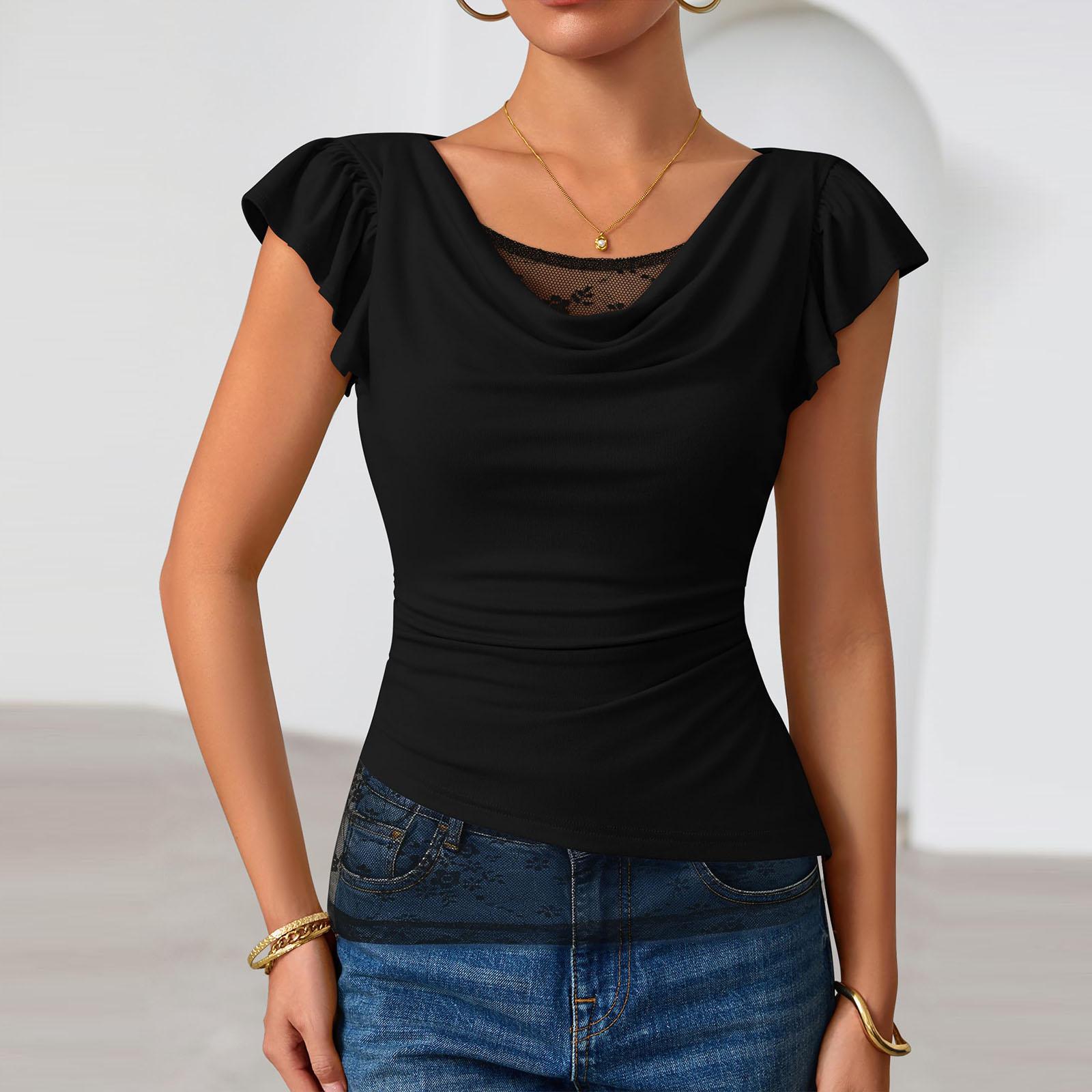 Women s Fashion Ruffled Short-Sleeve Top L чёрный