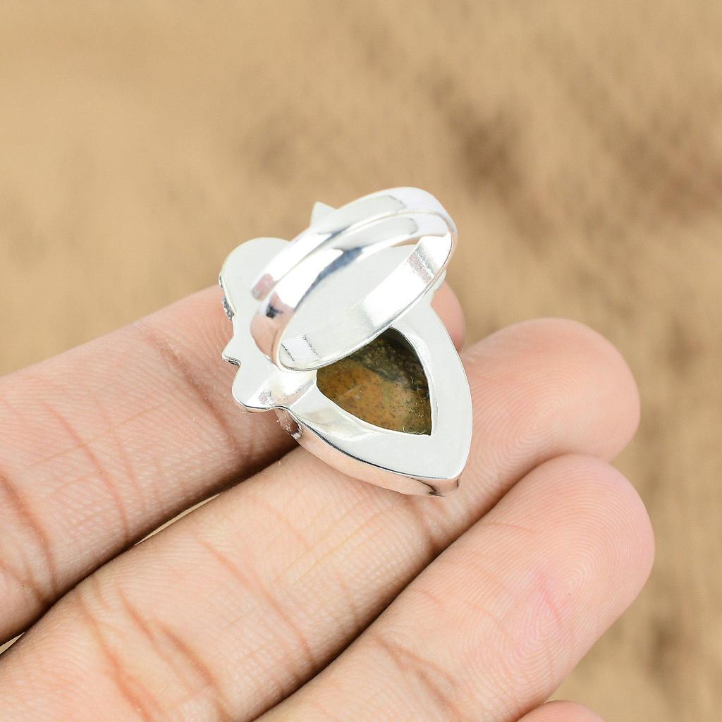 Mothers day Deal 925 Silver Natural Picture Jasper Promise Flower Statement Ring