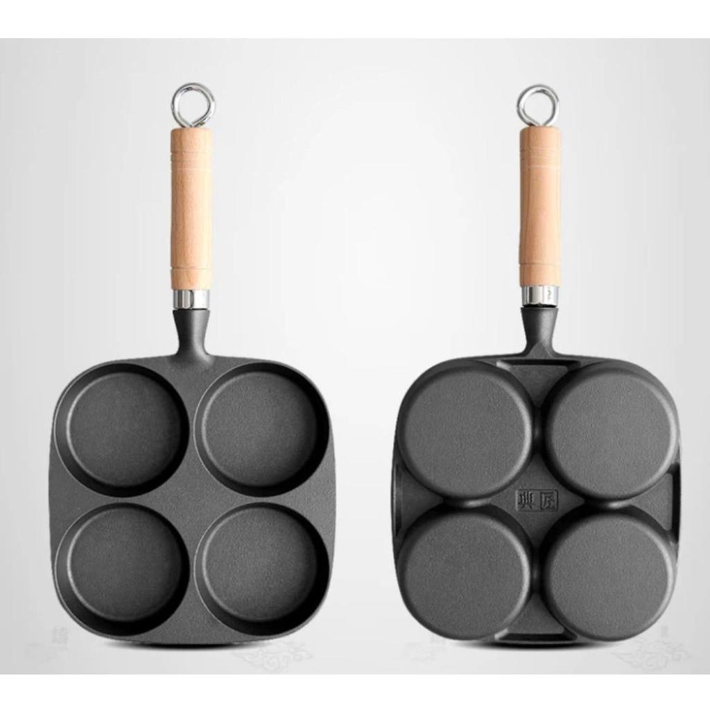 EDGING Four-Hole Cast Iron Frying Pan, Non-Coated and Non-Stick Multi-Functional Breakfast Pan, Flat-Bottom Frying Pan