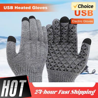 Winter USB Heating Knitted Gloves Touch Screen Thermal Windproof Riding Hiking Warm Gloves Full Finger Warmer Cycling Gloves