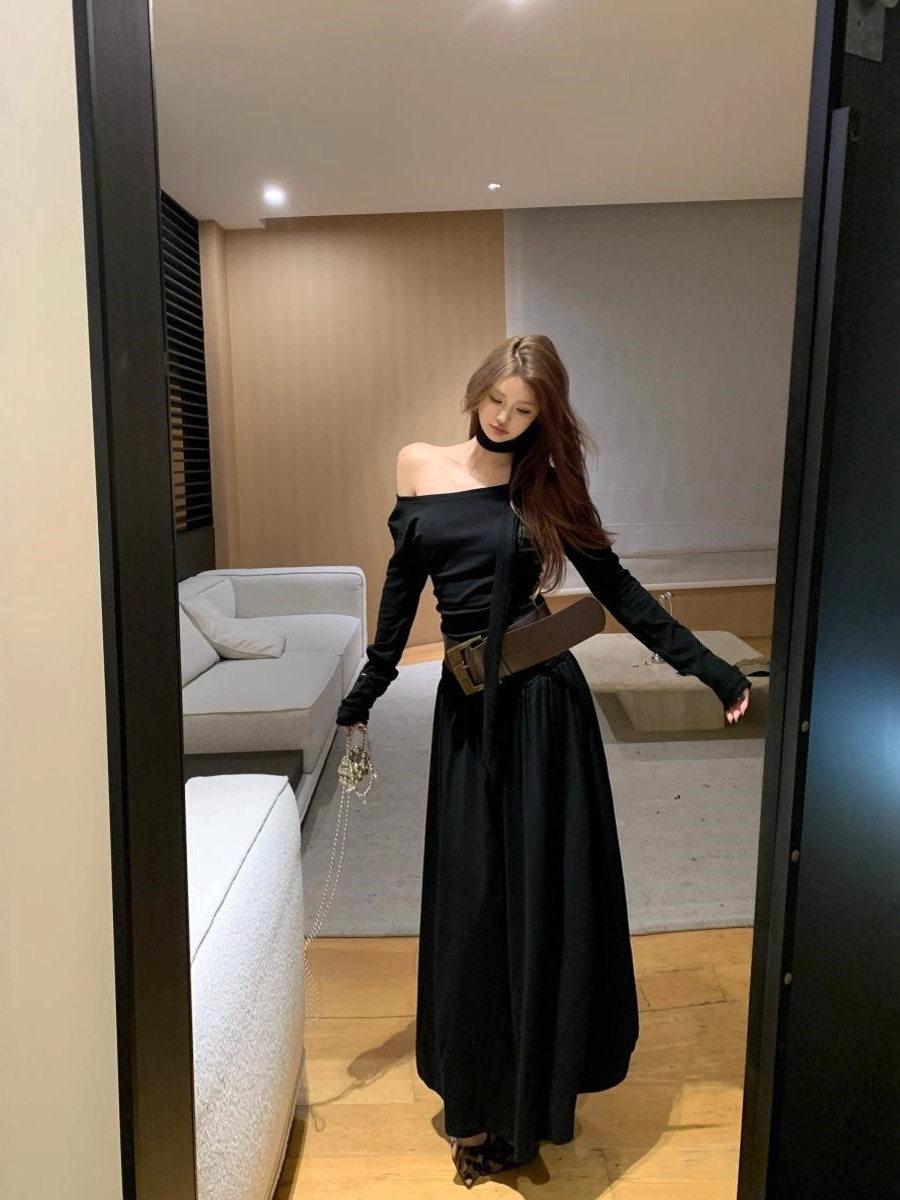 Hepburn-Inspired Black One-Shoulder Dress: Elegant, Cool, Unique, Waist-Cinching, Beautiful L