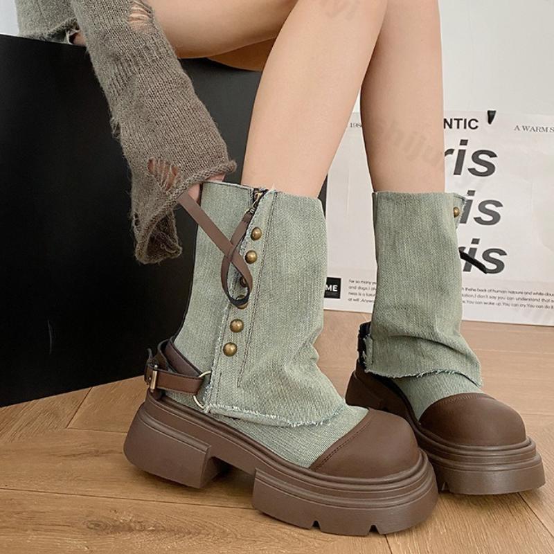 Women's Cowboy Boots Autumn Ankle Boots Rivet Decoration Block Heels Denim Boots Round Toe Comfortable Western Botines Mujer