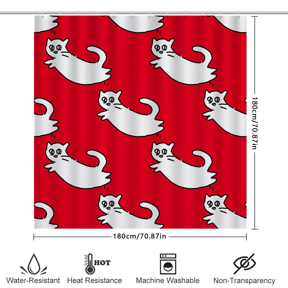 Red Shower Curtain With White Cats Pattern Bathtub Decorative Liner For Home Bathroom Accessories