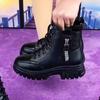 1 Pair Winter Women Boots Thick Flat Sole Faux Leather Side Zipper Solid Color Lace Up Soft Thermal Heat Retention Slip-on Anti-skid Shoes