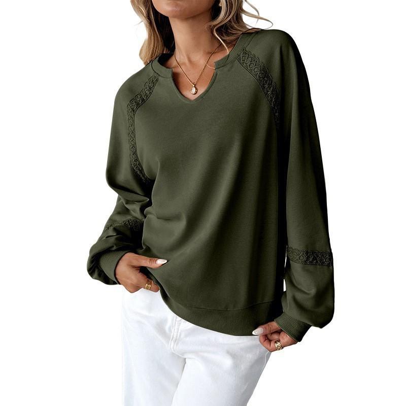 Women's Lace Patchwork V-Neck Long Sleeve Pullover Sweatshirt Casual Solid Color Tops