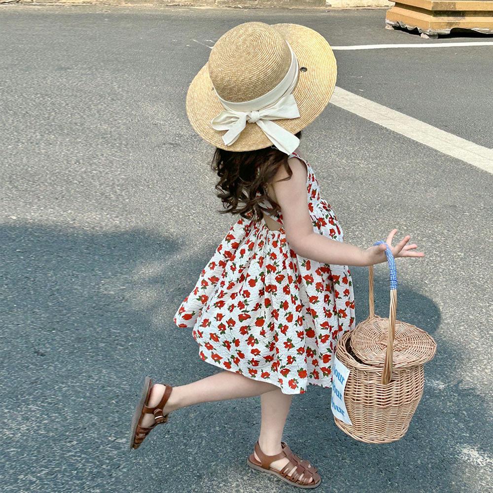 Summer Korean Girls Floral Backless Dress Chic Princess Children Skirt 90