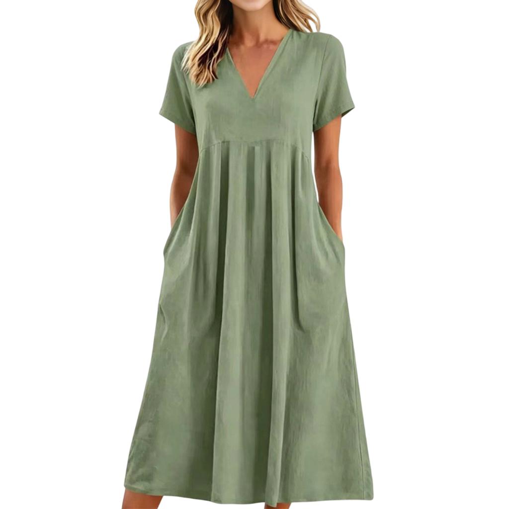 Robe midi décontractée confortable en tissu léger pour femme, col en V, manches courtes, coupe ample, avec poches, robe d'été