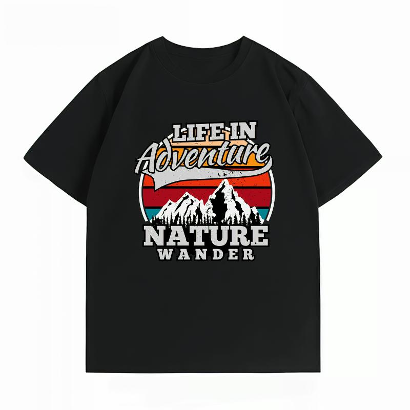 Unisexs 100 Cotton Summer New TShirt Life In Adventure Mountain Nature Print Retro Hiking Casual Short Sleeve Tops