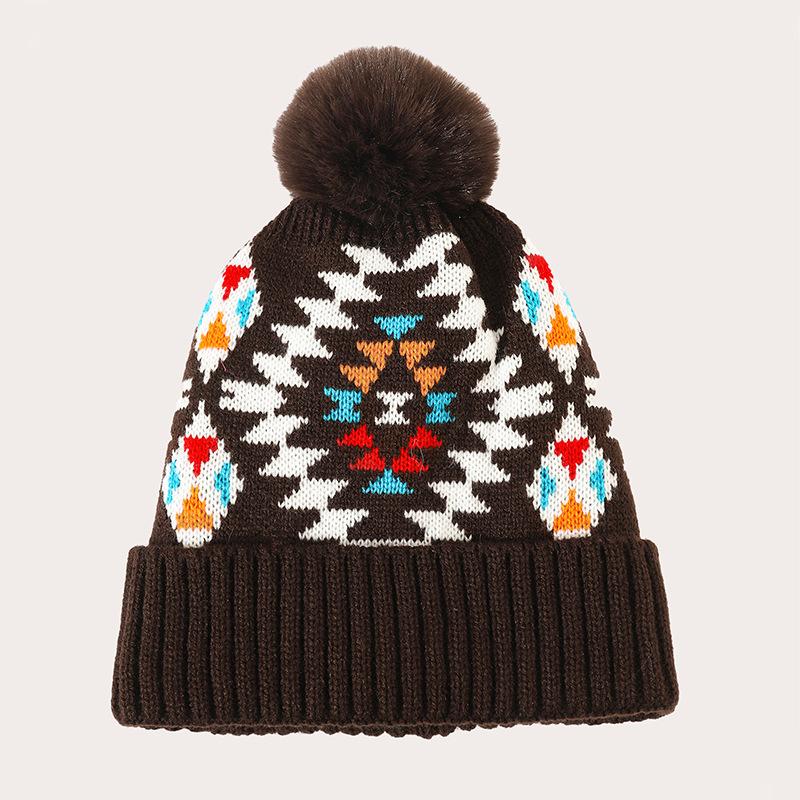 Hat Women's Winter Bohemian Colorful Plaid Jacquard Knitted Hat Imitation Hairball Warm Wool Hat