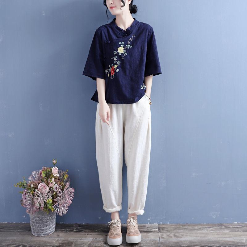 Damen Frühling Sommer Locker Dünner Abschnitt Baumwolle Leinen Ethnischer Stil Stehkragen Stickerei Vintage Teller Schnalle Überkopf Mittellang Ärmel Hemd