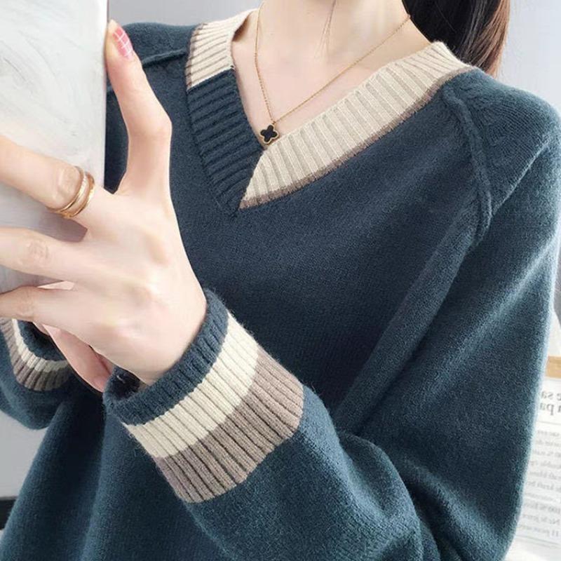

Свитер женский японский корейский повседневный контрастный цвет V-образный вырез пуловер с длинными рукавами модный базовый вязаный свитер женский интерьер One size морской синий