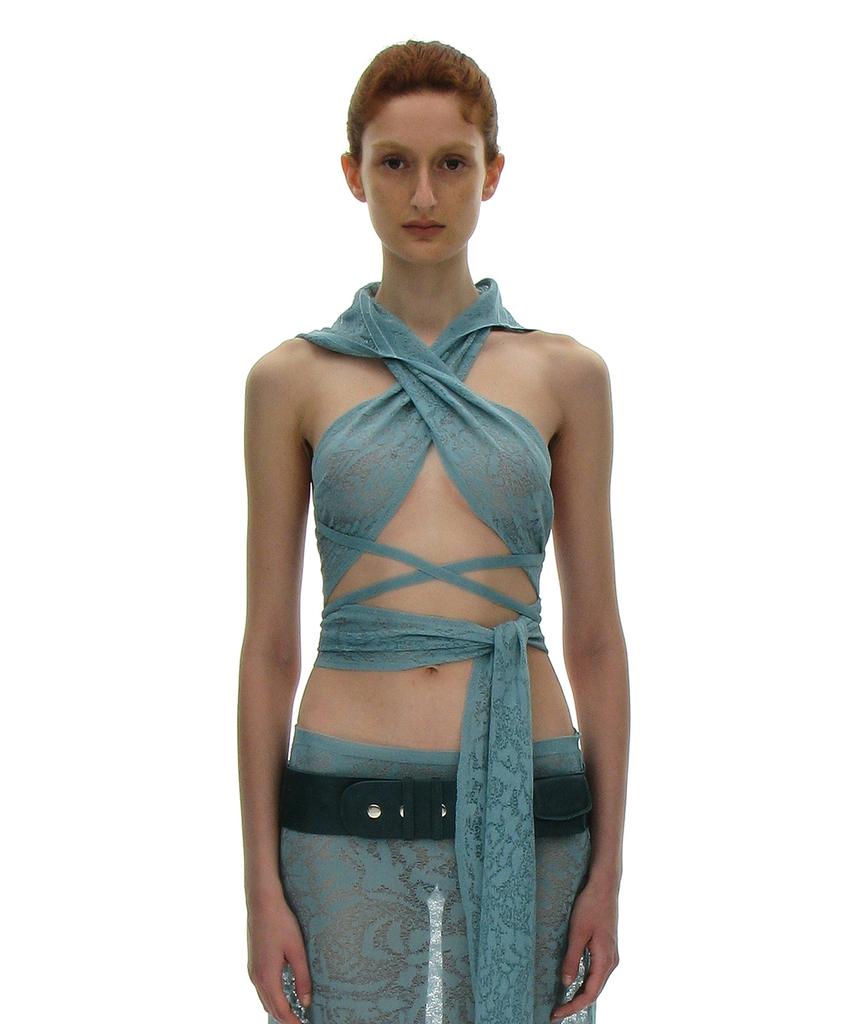 PARTIMENTO WOMEN Crochet Wrap Hooded Knit Top_Sky