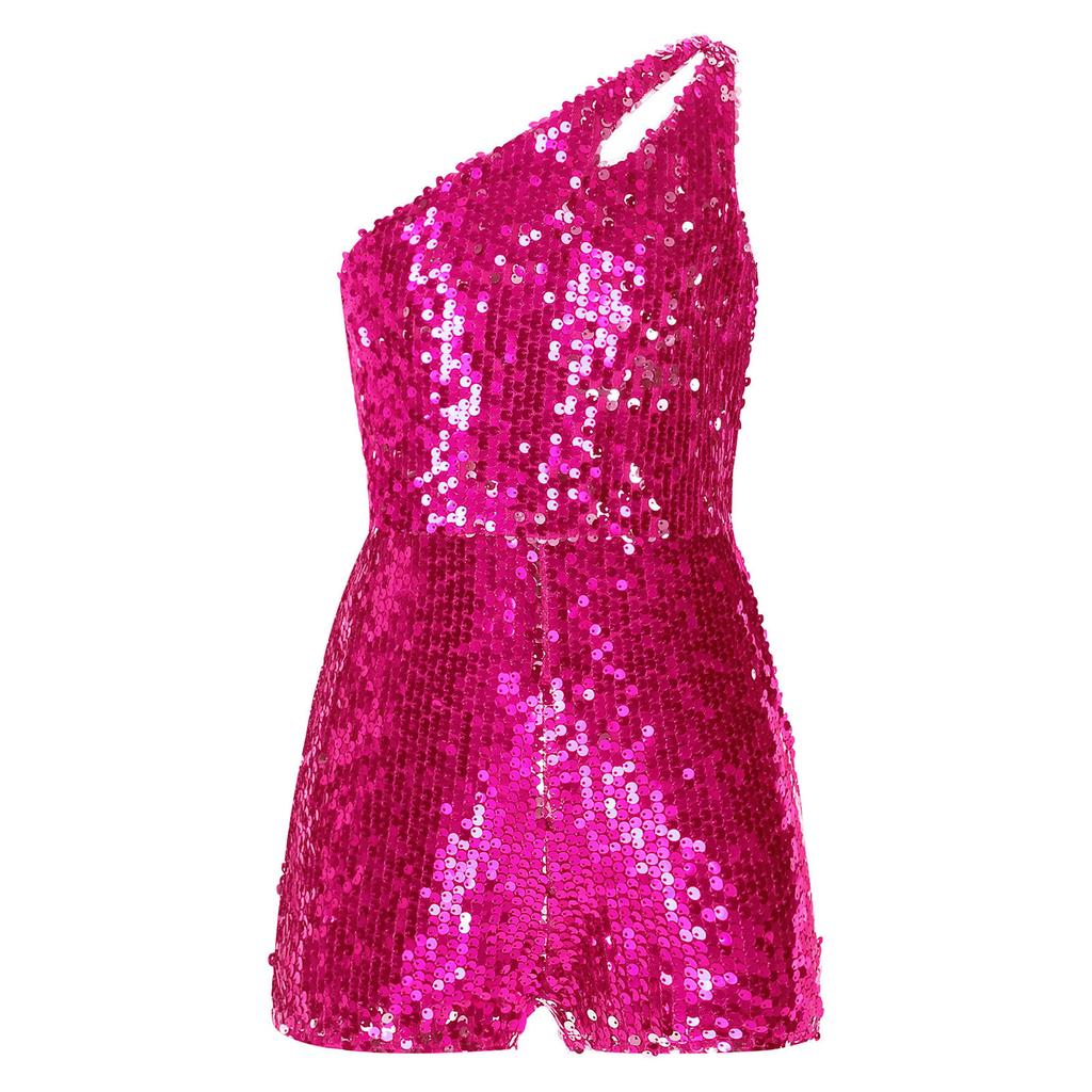 Girls Sparkling Sequin Jumpsuit One Shoulder Design Keyhole Detail Sleeveless Short Bottom Romper